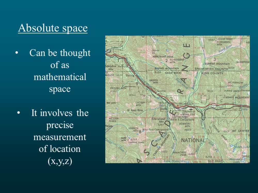 Absolute space can be thought of as mathematical space. Absolute space involves the precise measurement of location and space, such as an X, Y, and Z coordinate.