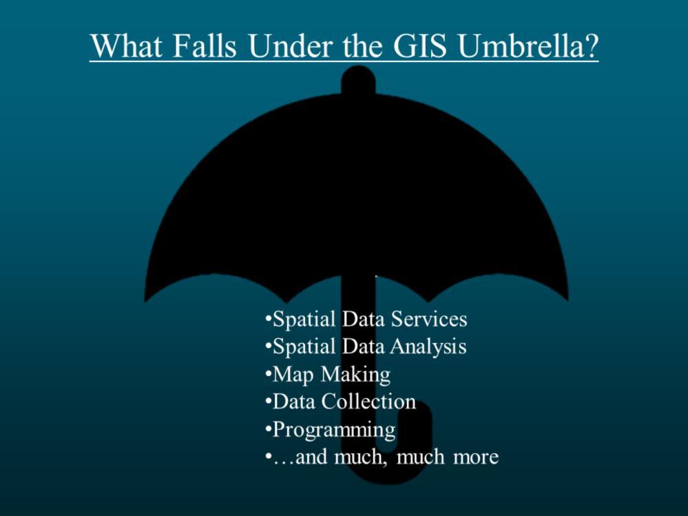 With the six parts of a GIS working together, these capabilities fall under the umbrella of GIS.