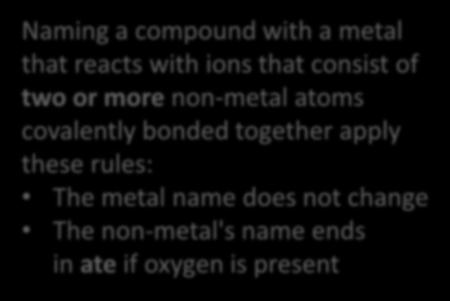 Naming a compound with two elements (usually a metal and a non metal) apply these rules: The metal name does not change The non-metal's name ends in ide Naming a compound with a metal that reacts