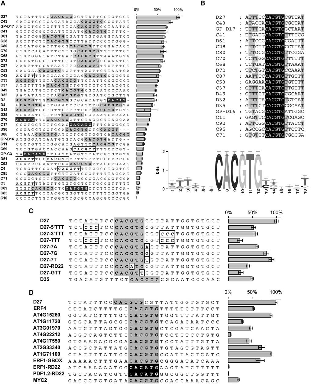2234 The Plant Cell Figure 7. MYC2 Preferentially Binds to an Extended G-Box Motif. (A) Sequences and MYC2 binding activities of 38 30-mers from affinity purification selection rounds 3 and 4.