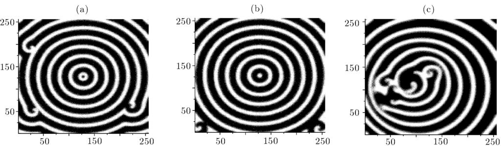 No. 1 Suppression of Spiral Waves and Spatiotemporal Chaos Under Local Self-adaptive Coupling Interactions 125 spiral wave to the target wave if k = 1. Fig.