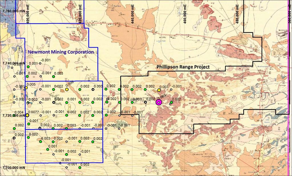 Aileron (West Arunta) Figure 2 Phillipson Range Project GSWA regional soil sampling program (Au ppm) The Aileron project is located in