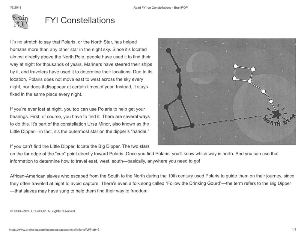 1/8/2018 Read FYI on Constellations - BrainPOP FYI Constellations It's no stretch to say that Polaris, or the North Star, has helped humans more than any other star in the night sky.