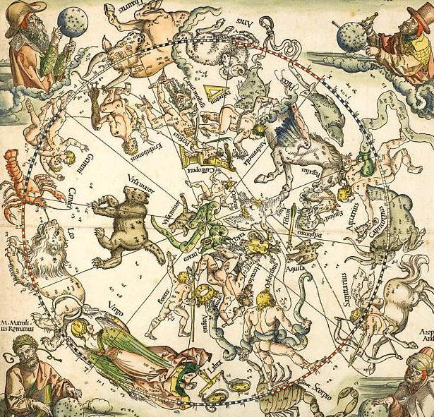 Antique star maps/atlases Albrecht Dürer, 1515, Germany Ancient star maps were vividly decorated with constellation figures Stars were