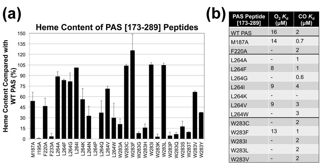 reported that purified full-length Aer2-W283L does not bind O2 (Sawai et al., 2012). Fig. 26. PAS peptide heme content and gas binding affinities.