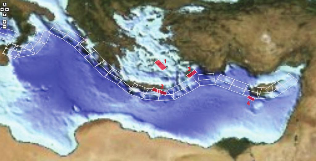 Figure 2.1. Unit sources (white rectangles) placed along the Mediterranean subduction zone in two rows.