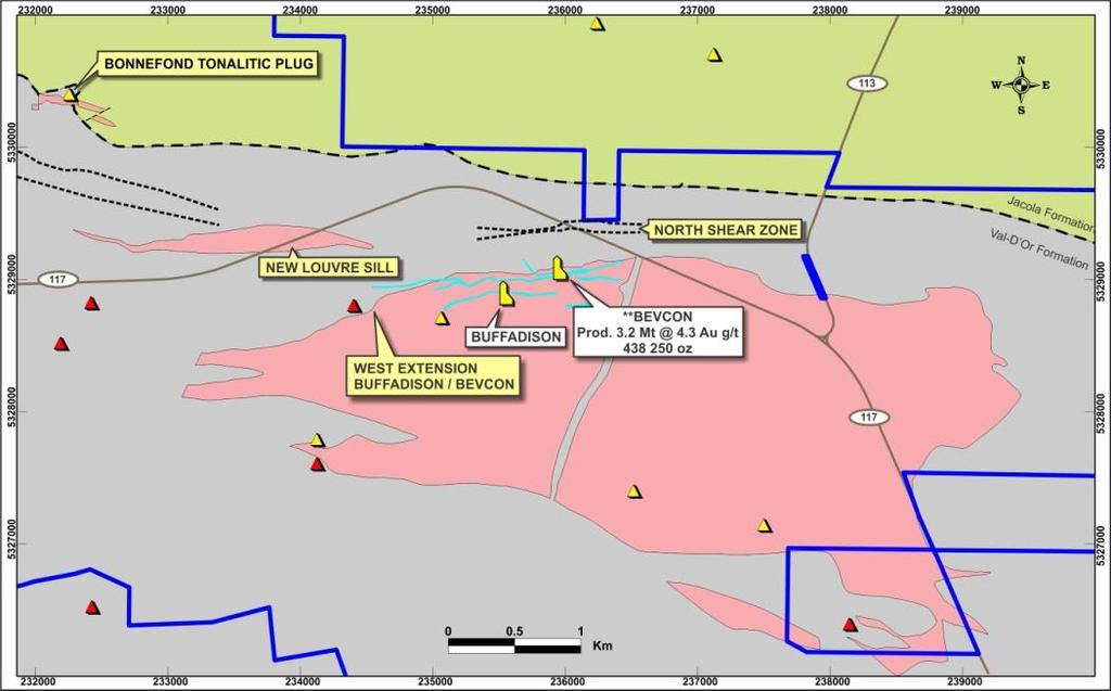 QMX Gold Near Term Opportunities; Multiple Targets within East Zone East Zone Unexplored area over 9 km Strike Large 28km 2 target zone encompassing the Bonnefond South and Bevcon Intrusion with