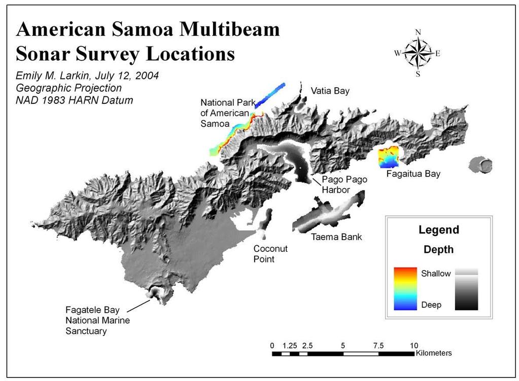 11 Figure 2.1 Multibeam sonar survey locations around the island of Tutuila, American Samoa. Areas shown in color are the focus of this study.