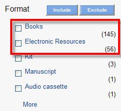 top. For example, if a search renders results with 56 titles associated with the format category Electronic Resources and 145 titles associated with