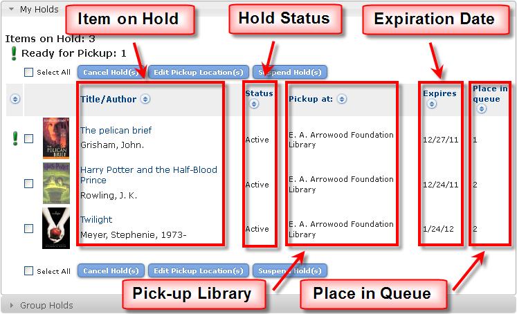 My Holds In the My Holds accordion, users can view all of the items currently on hold by title and author, the