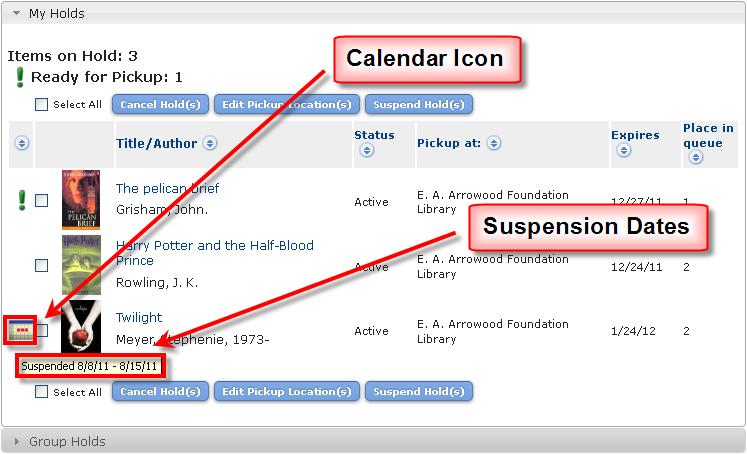For newly suspended holds, a calendar icon displays next to the holds that