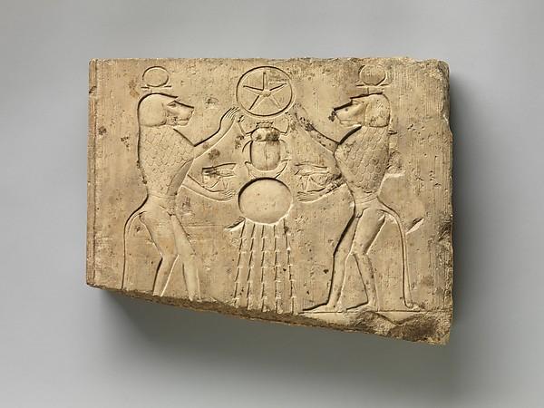 Ancient Egyptian Two Baboons Offering the Wedjat Eye to the Sun God Khepri, Who Holds the Underworld Sign 330 B.C.