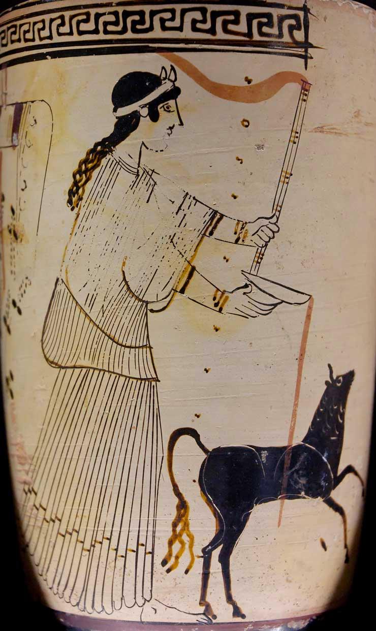 Ancient Greece Artemis Pouring Libation 450 B.C.E. White-ground lekythos The Louvre Museum This white ground lekythos depicts the Greek goddess Artemis pouring a ritual libation.