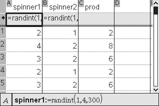 Lesson 10.1 Randomness and Probability Solution Simulate 00 spins of the first spinner by generating 00 random integers from 1 to 4 and storing them in a column or list.