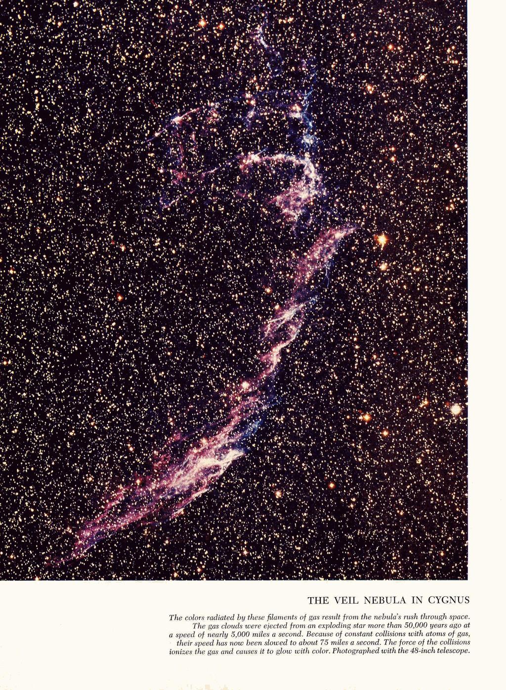 THE VEIL NEBULA IN CYGNUS The colors radiated by these filaments of gas result from the nebula's rush through space.
