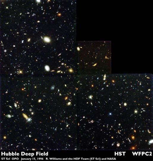 Hubble Deep Field 2-week exposure on blank patch of sky revealed galaxies as they were when the universe was much younger.