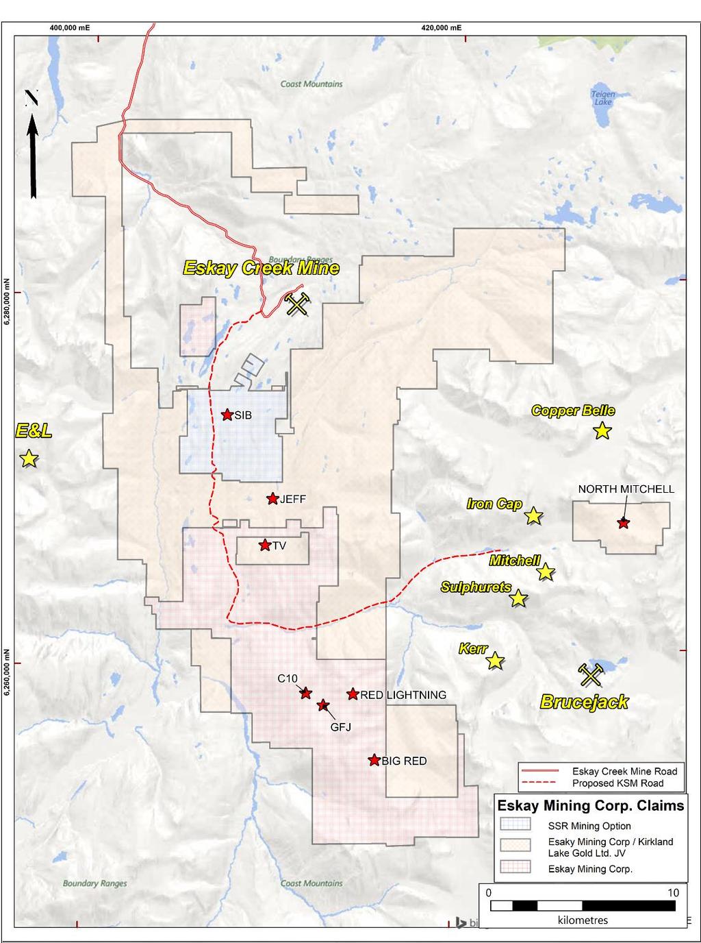 Eskay controls over 52,000 ha (130,000 acres) of ground in the Heart of British Columbia s Golden Triangle: Politically stable New infrastructure (Northern Transmission Line and Brucejack Mine)