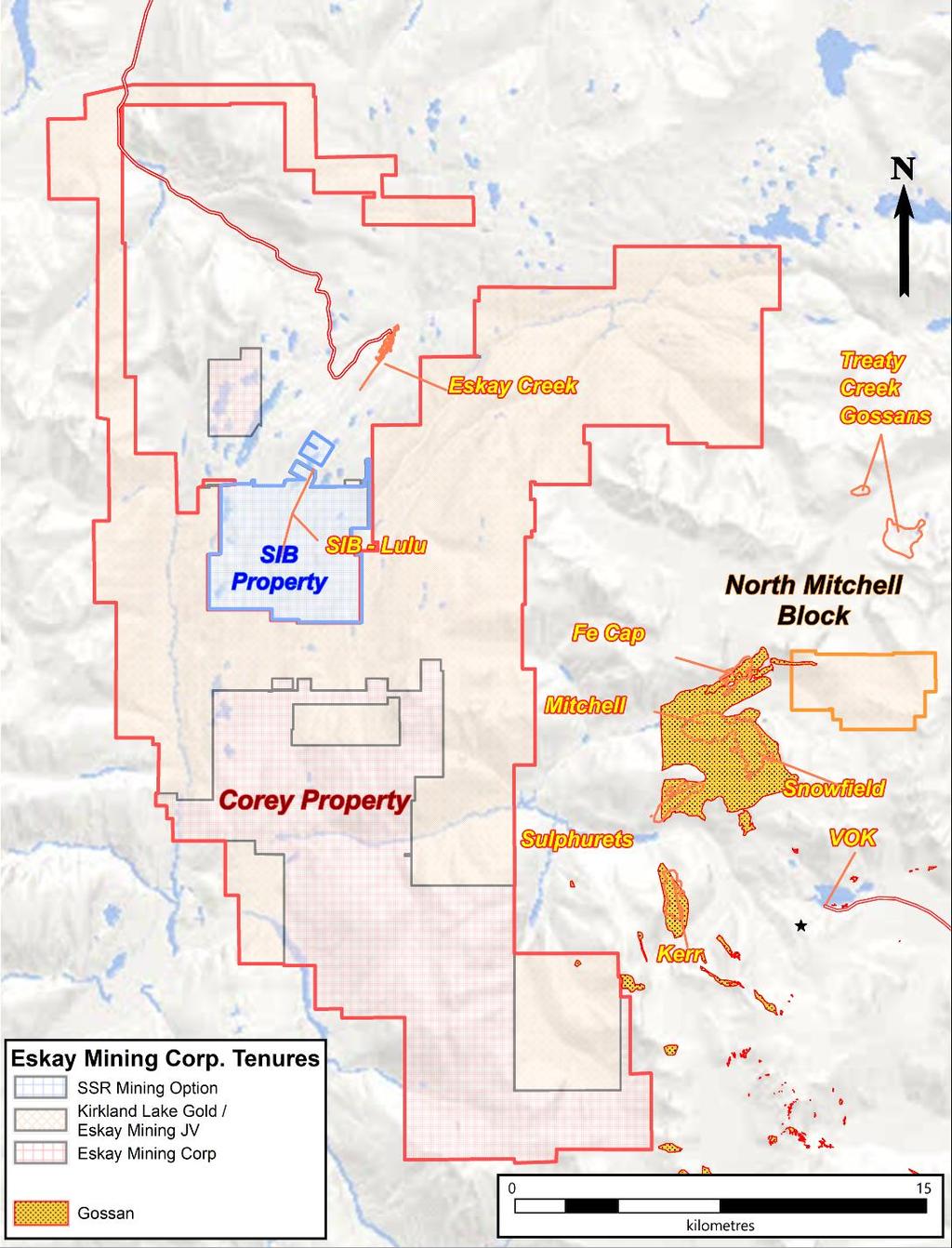 Eskay Mining s land package can be divided into three distinct ownership agreements: SSR Mining Inc. (60%) option of SIB property on joint venture ground Eskay Mining Corp.