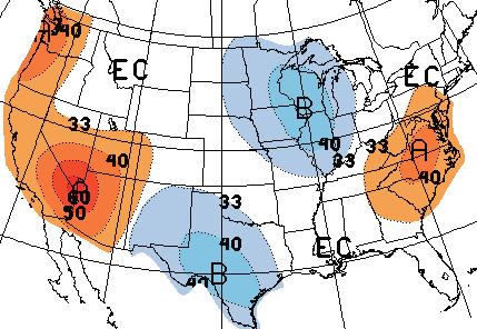 These outlooks predict the likelihood (chance) of above-average, near-average, and below-average temperature, but not the magnitude of such variation.