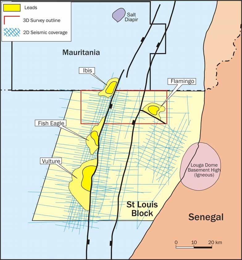 Senegal St Louis Block Leads A Permit with Opportunities Structural closure along basin antithetic 4-way dip closures on shelf and Senegal border Faucon