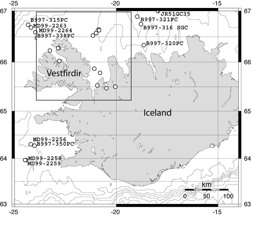 Figure 3 Core locations on the Icelandic shelf.