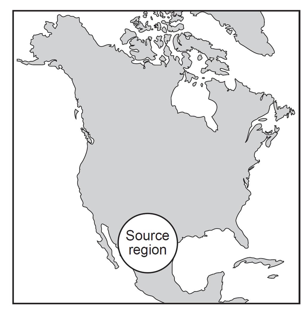 51. The map of North America below shows the source region of an air mass forming mostly over Mexico.