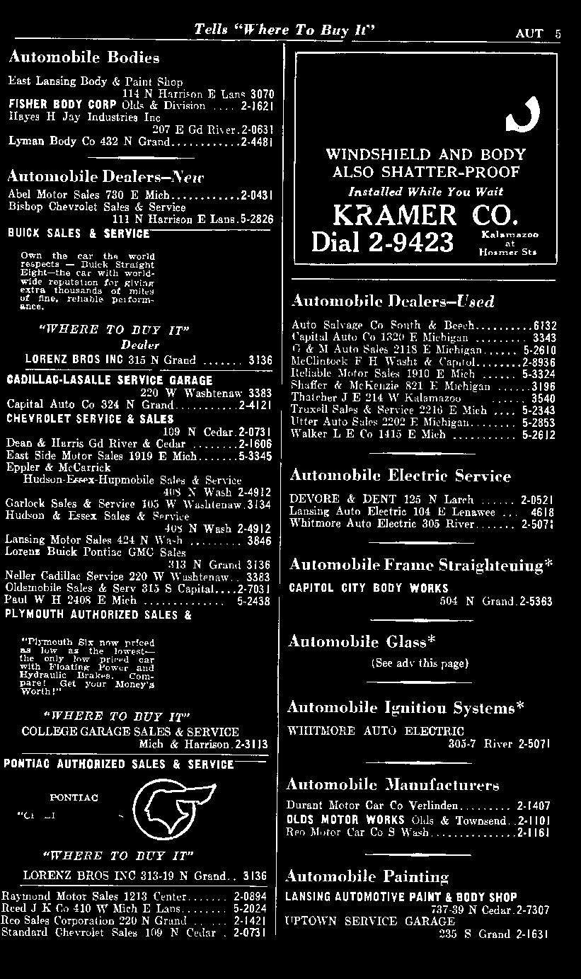 2-0731 Dean & Harris Gd River & Cedar... 2-1606 Ea.st Side Motor Sales 1919 E Mich... 5-3345 Eppler & McCarrick Hudson-F.