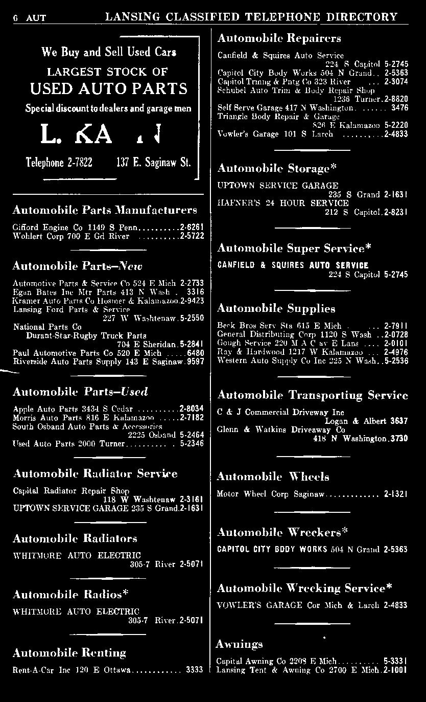 9597 Automobile Repairers Canfield & Squires Auto Service 224 S Capitol. 5-2745 Capitol City Body Works.504 N Grand... 2-5363 Capitol Trmng & Pntg Co 323 River.