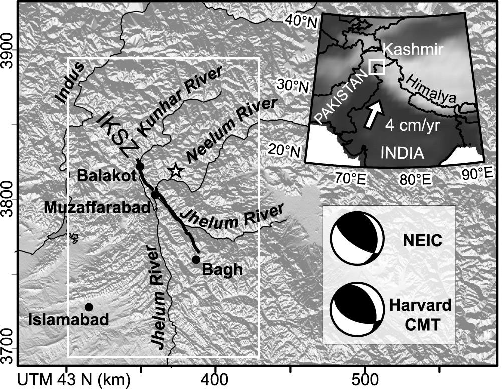 PATHIER ET AL.: KASHMIR EARTHQUAKE FROM SAR IMAGERY Figure 1. Inset: DEM showing the study area located in Kashmir at the Western Syntaxis of the Himalayan range.