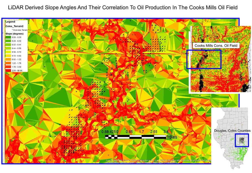 Figure 4: The Cooks Mills oil field is another example of the correlation of higher slope angles and the production of oil in the Illinois Basin.