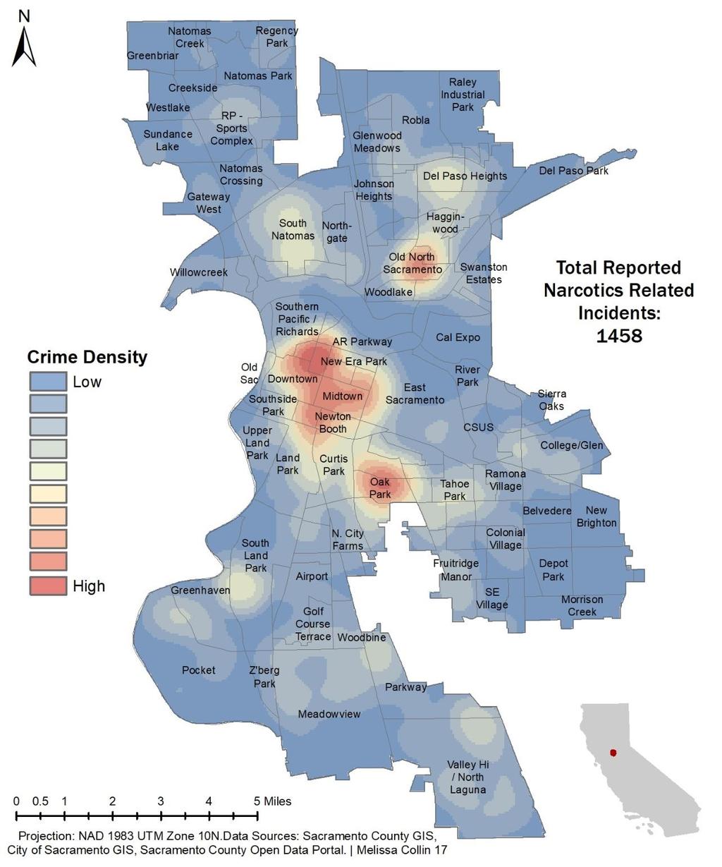 MAPPING CRIME IN SACRAMENTO 17 Appendix 6: Kernel density surface model for narcotics related crime from Sacramento's 2016 dispatch data.