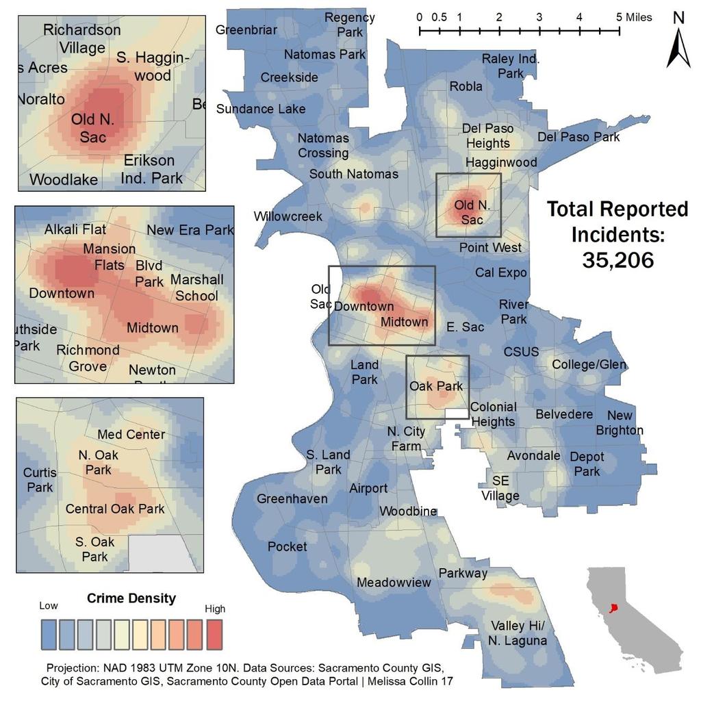 MAPPING CRIME IN SACRAMENTO 8 Results: Figure 1: Kernel density surface model for the 10-selected crime from Sacramento's 2016 dispatch data.