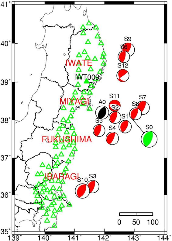 Iwate-ken oki Miyagi-ken oki Fukushima-ken oki red : interplate earthquakes black : intraslab earthquake :K-NET stations :a reference site of K-NET stations Pacific Ocean km Ibaragi-ken oki Fig. 1.