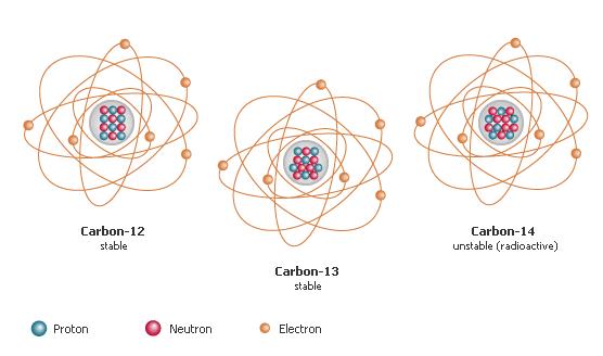 protons and electrons are the same in the other carbons. So instead of having 6 neutrons, carbon-13 and carbon-14 have 7 and 8 neutrons respectively.