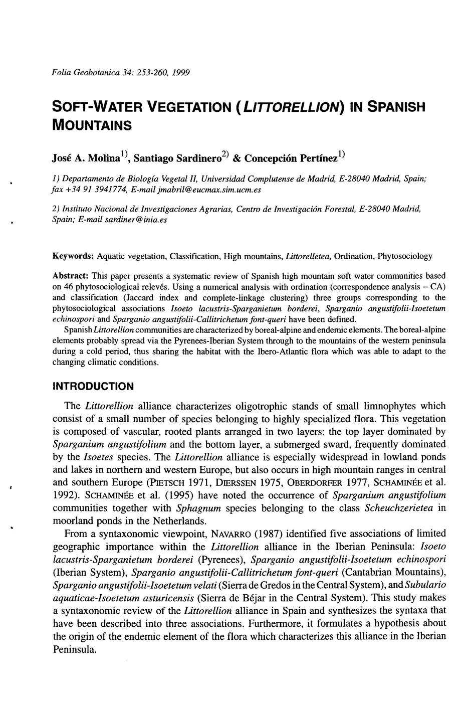 Folia Geobotanica 34: 253-26, 1999 SOFT-WATER VEGETATION (LITTORELLION) IN SPANISH MOUNTAINS Jose A.