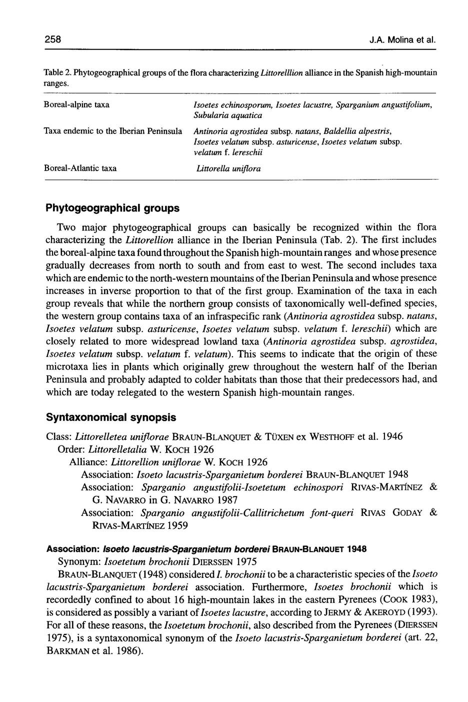 258 J.A. Molina et al. Table 2. Phytogeographical groups ofthe flora characterizing Littorelllion alliance in the Spanish high-mountain ranges.