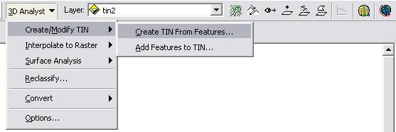Click on the 3D Analyst drop-down menu, browse to Create/Modify TIN > Create TIN From Features. In the TIN dialogue box that appears, select CenusBlocks_Intersect_project under Layers.