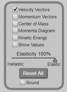 Make sure the elasticity is set at 00%. There is a red ball and a green ball in the center of the screen. Make their masses equal by adjusting the tabs for mass below them.