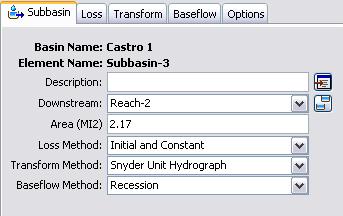 Chapter 2 Developing an HMS Project Figure 15. Component Editor for a subbasin element. Create a Meteorologic Model A meteorologic model is added to a project in the same manner as the basin model.