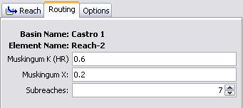 Change the name of the Junction-2 and Junction-3 elements to Outlet and West Branch, respectively. Enter parameter data for the reach elements. Open the Component Editor for Reach-1.