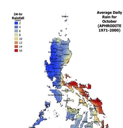 Historical daily average and extreme rainfall (October) In October, Parts of Quezon, Bicol region, and Samar can receive more than 10 mm/day rainfall on average, with