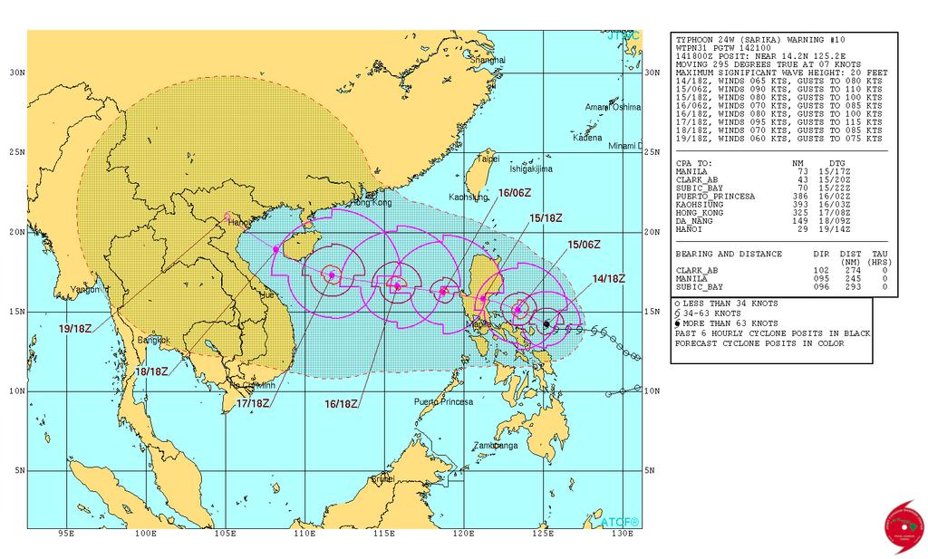 Current status of Typhoon Sarika (Karen) Observed track (black) and forecast (pink) issued at 15 Oct, 5AM Previous forecast issued at 14 Oct, 11AM 16 Oct, 2am