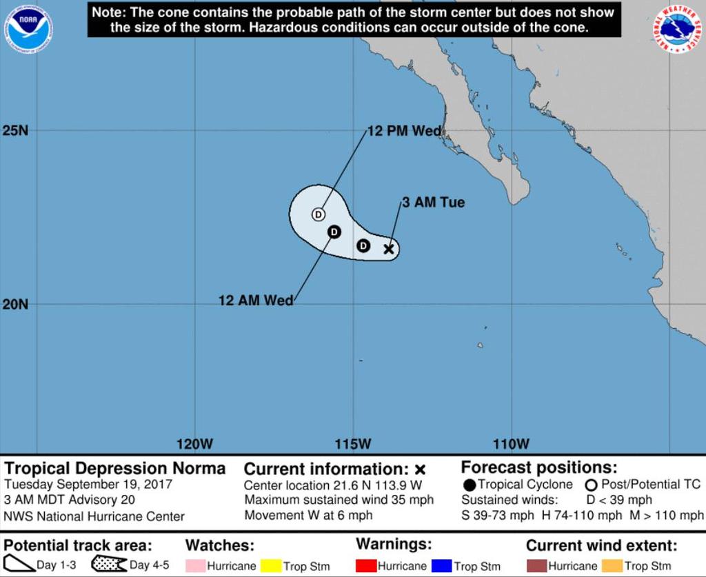 EDT) Located 270 miles WSW of Cabo San Lucas, Mexico Moving W at 6 mph; maximum sustained winds 35 mph Expected to