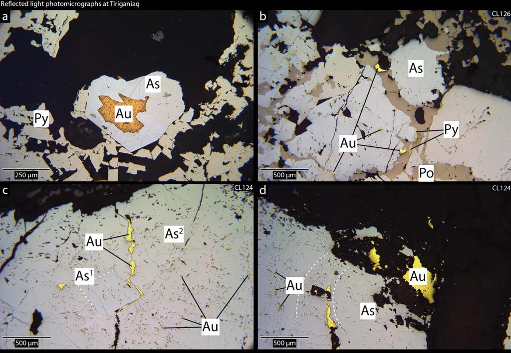 Slide 6 Lawley et al. (2014) Reflected light photomicrographs of gold at Tiriganiaq. Gold mostly occurs as inclusions within idioblastic arsenopyrite crystals and at crystal boundaries.