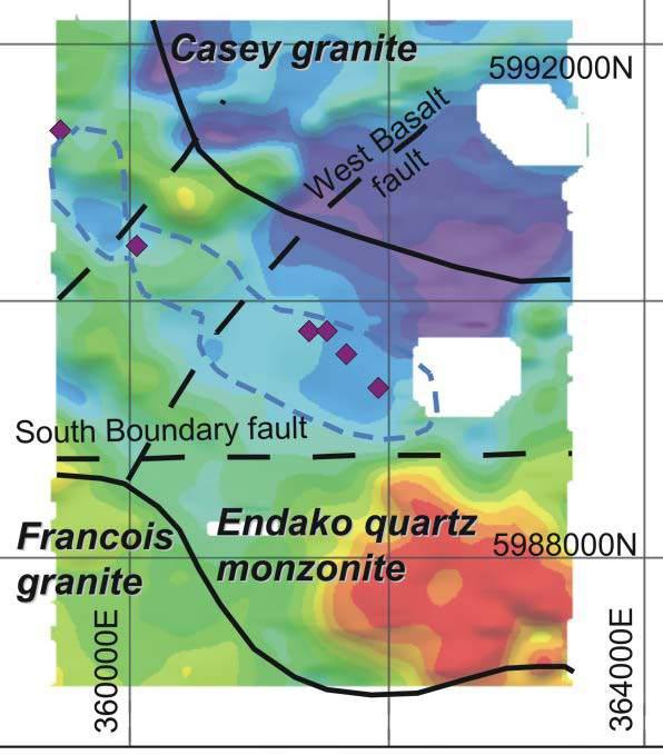 Susceptibility at Endako Casey Granite Endako Quartz Monzonite Kaol overprnt Leastaltered Potassic alteration Kaol overprnt Phyllic (Quartz-sericitepyrite)