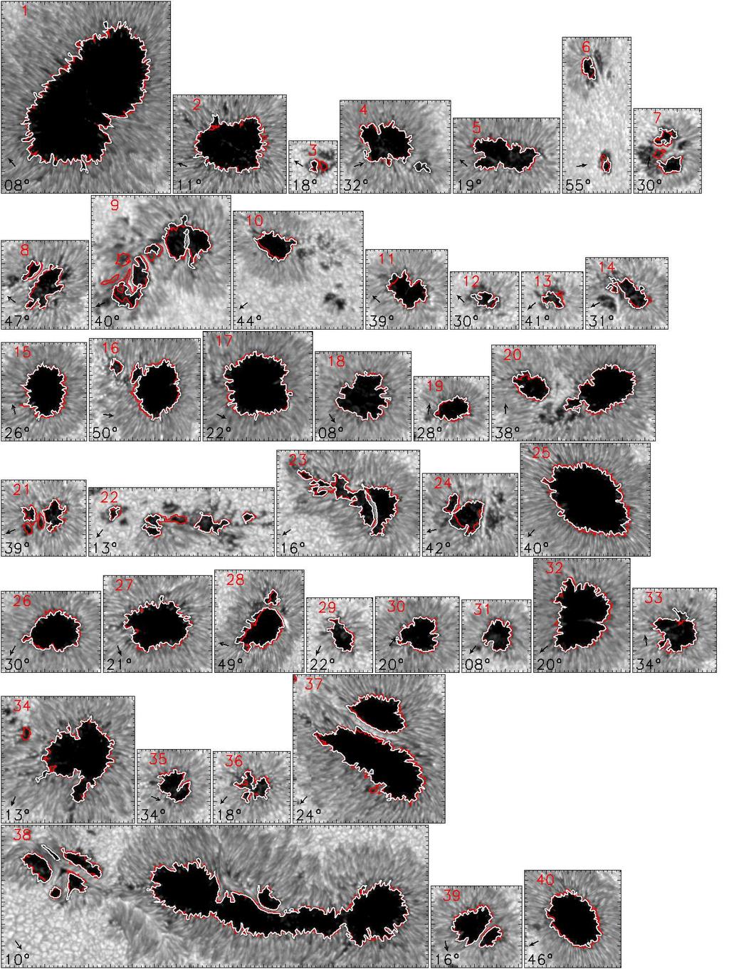 Fig. A.1. Hinode SP maps. The spatial scale in all panels is the same, with one tick mark of the axis being 1. The white contours mark the intensity threshold of 50% of the quiet-sun intensity.
