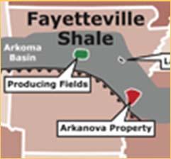 The productive wells penetrate the Fayetteville Shale at depths between a few hundred and 7000 feet below the surface and at elevations of between a few hundred feet above sea level and 7000 feet