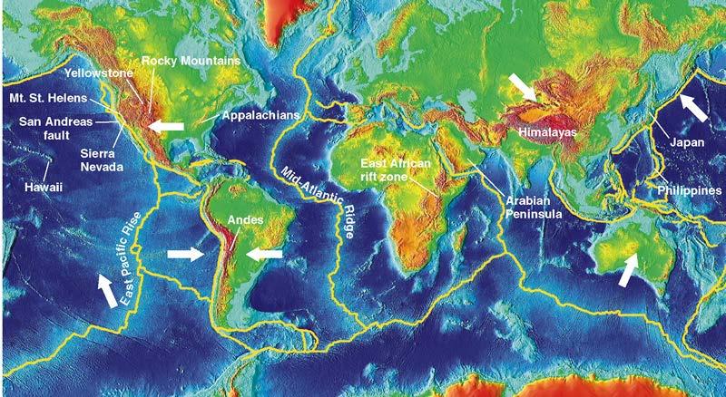 Continents - Blocks of lighter crustal rock ("granite scum") moved around by convective motions Ocean ridges -