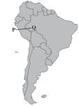 Use the following map of South America to answer the next question. 26. What tectonic feature is found in the region from P to Q? A. hot spot B. rift valley C.