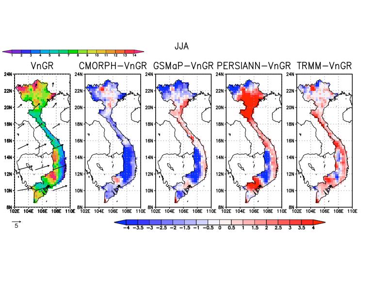 Comparison 4 satellite rainfall estimates and VnGP JJA and SON